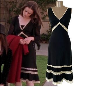 Rare ASO Gilmore Girls Vintage black and cream lace midi v-neck dress Y2K 7/8